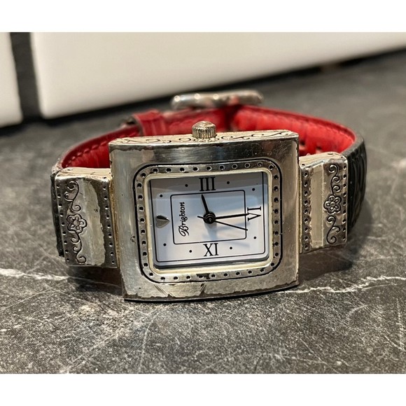 Brighton Accessories - Ladies Brighton Silver Tone Watch with Black and Red Leather Band - New Battery